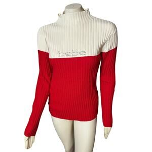 BeBe Red & White Women's Turtleneck Sweater BeBe Logo in Diamond Bling